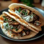 Cheesy Beef and Mushroom Pita Pockets with Tzatziki Sauce