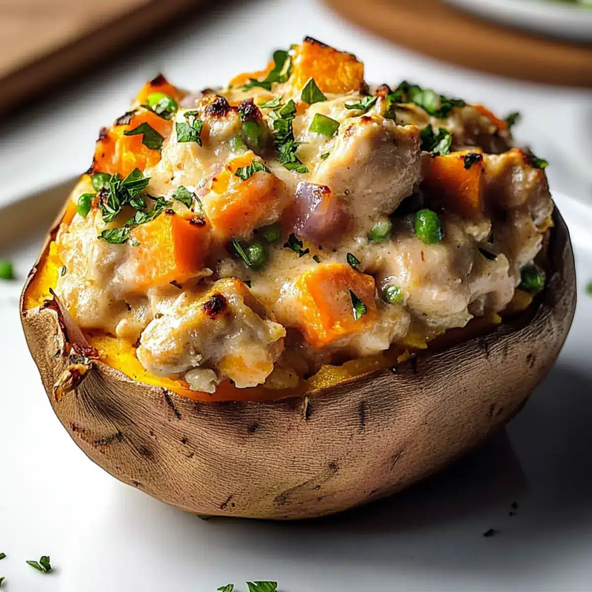 Chicken Pot Pie Stuffed Sweet Potatoes