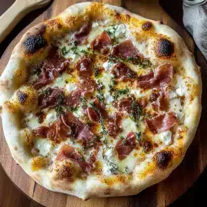 White Pizza with Beef Prosciutto Hot Honey