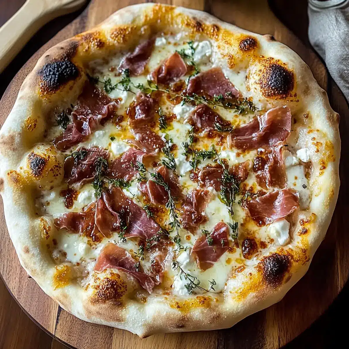 White Pizza with Beef Prosciutto Hot Honey