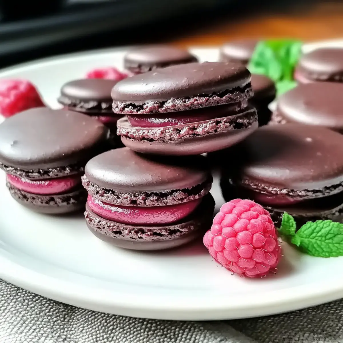 Dark Chocolate Raspberry Macarons