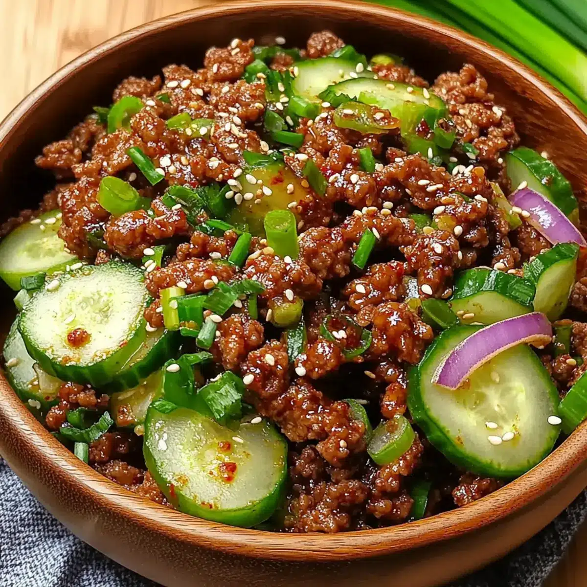 Spicy Korean Ground Beef with Cucumber Salad