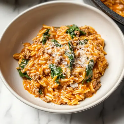 Ground Beef Orzo with Tomato Cream Sauce