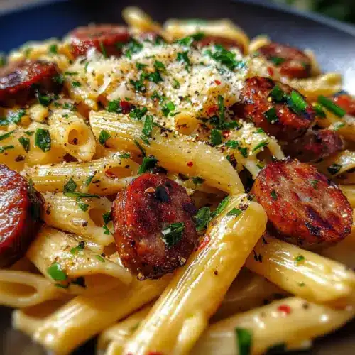 Sticky Garlic Butter Smoky Parmesan Sausage Pasta Skillet