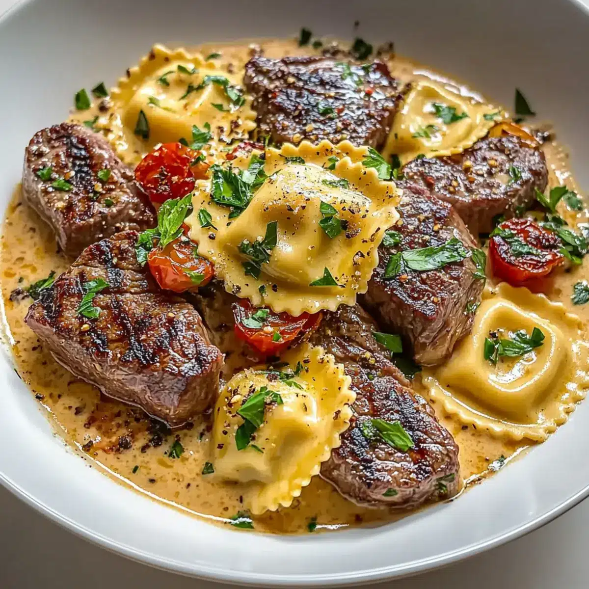 Steak and Ravioli with Creamy Garlic Herb Sauce