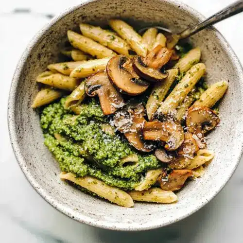 Simple Mushroom Penne with Walnut Pesto
