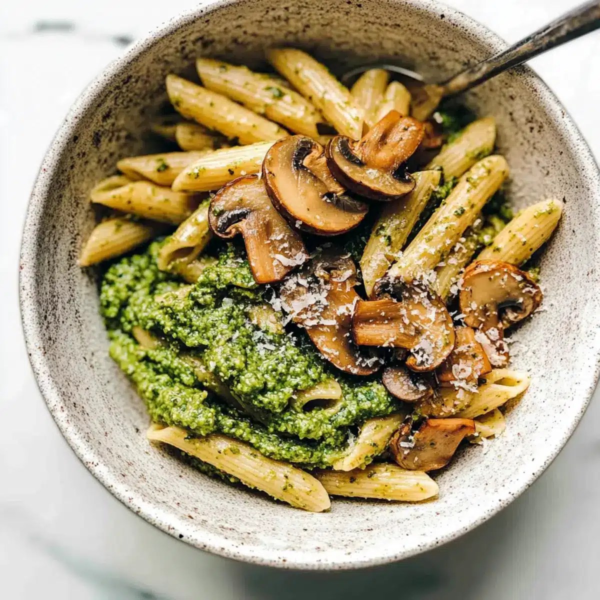 Simple Mushroom Penne with Walnut Pesto